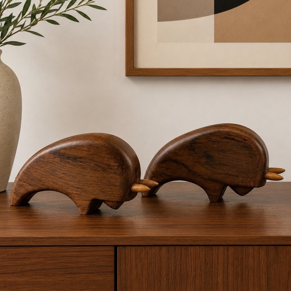 Pair Danish Modern Teak‎ Bull Sculptures Attributed Arne Basse Scandinavian MCM